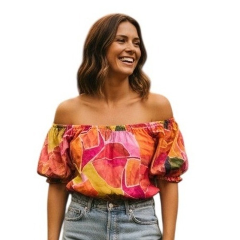 FARM Rio Off-Shoulder Puff Sleeve Blouse in Pink, Orange & Yellow